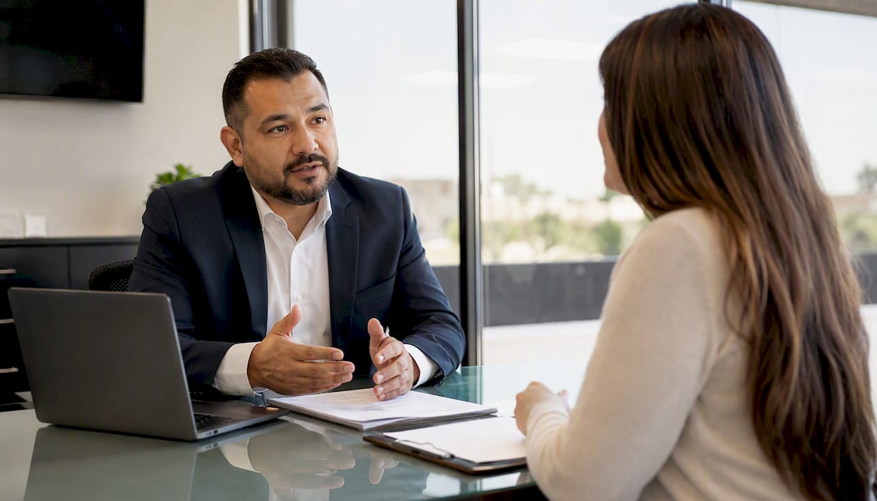 Agent consulting client about travel documents
