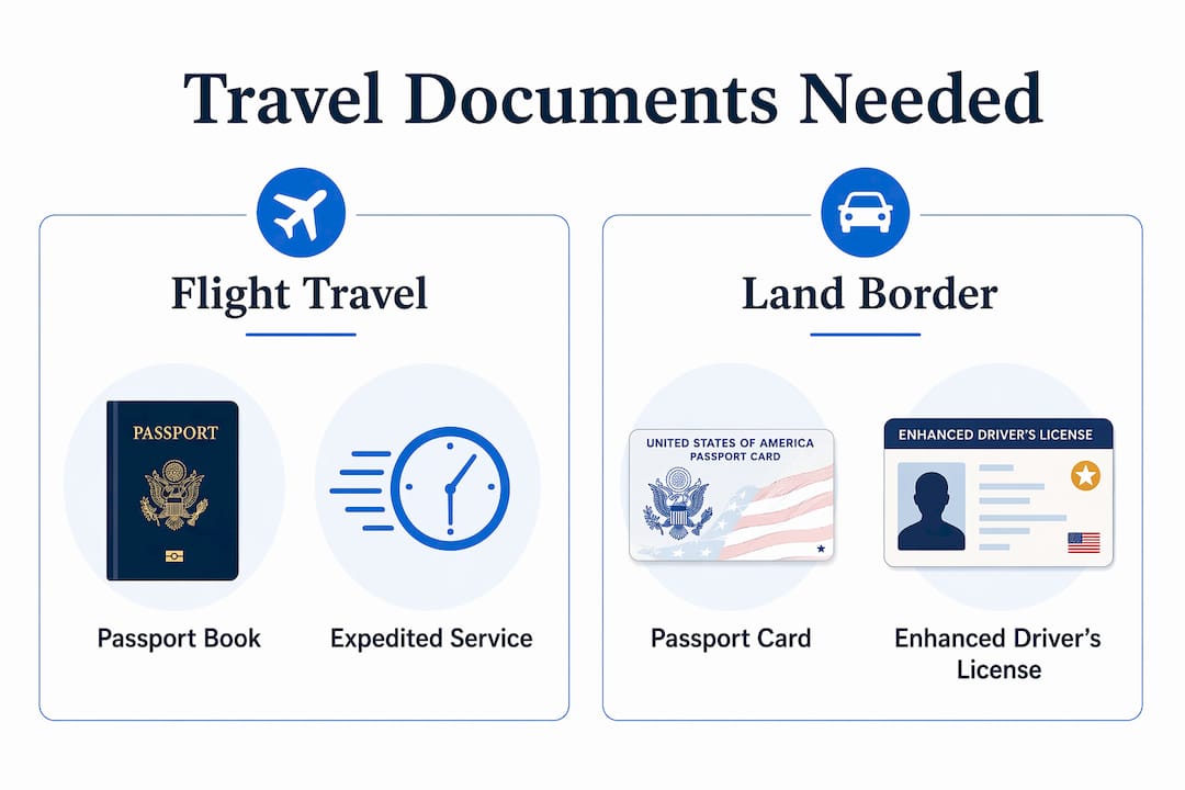 Infographic comparing travel documents for flights and land borders