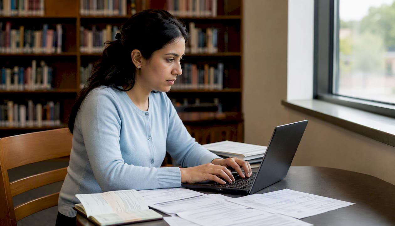 Hands typing on laptop with passport forms