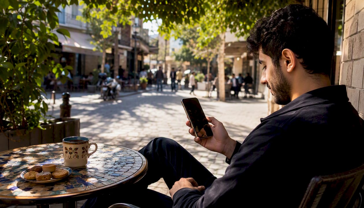 Hands holding phone with 99 names app in café