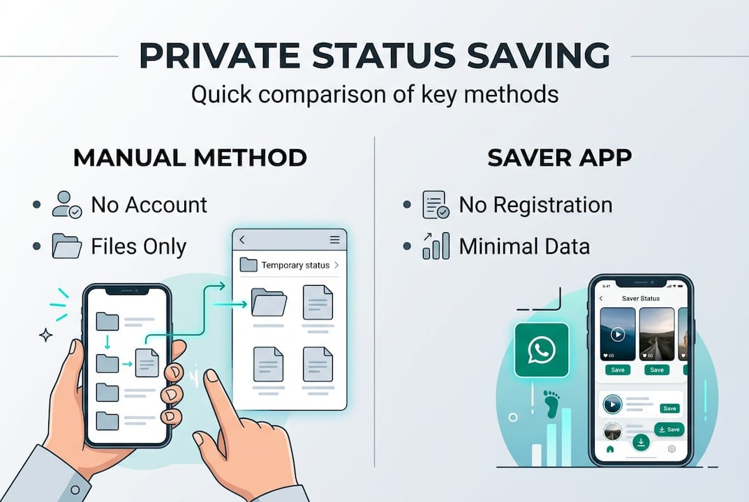 Infographic comparing safe WhatsApp status saving