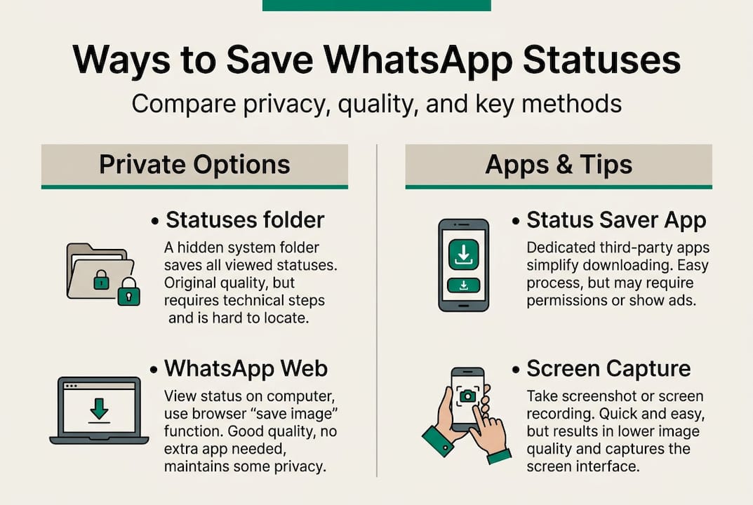 Infographic comparing WhatsApp status saving methods