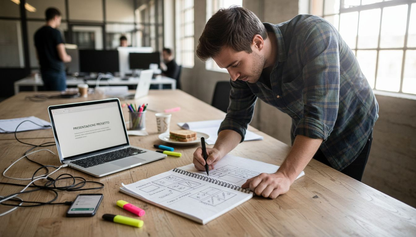 Un designer sta abbozzando la struttura del sito su un blocco appunti.
