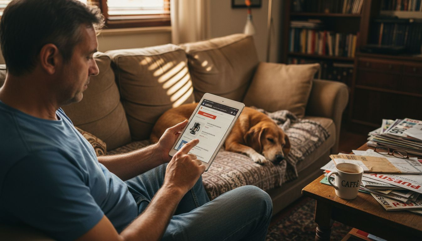 Una persona comodamente seduta a casa che sfoglia un sito di shopping online dal suo tablet.