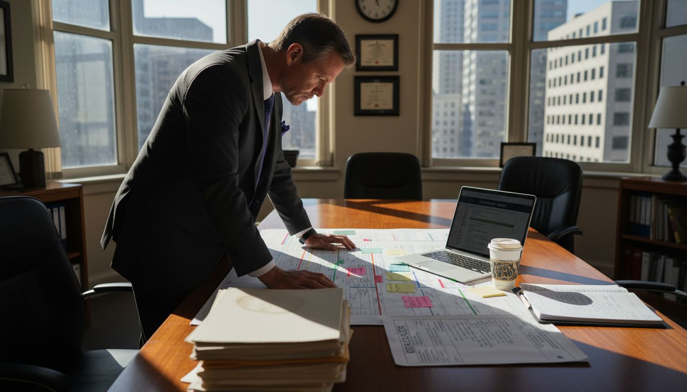 Attorney reviews pretrial logistics at office table