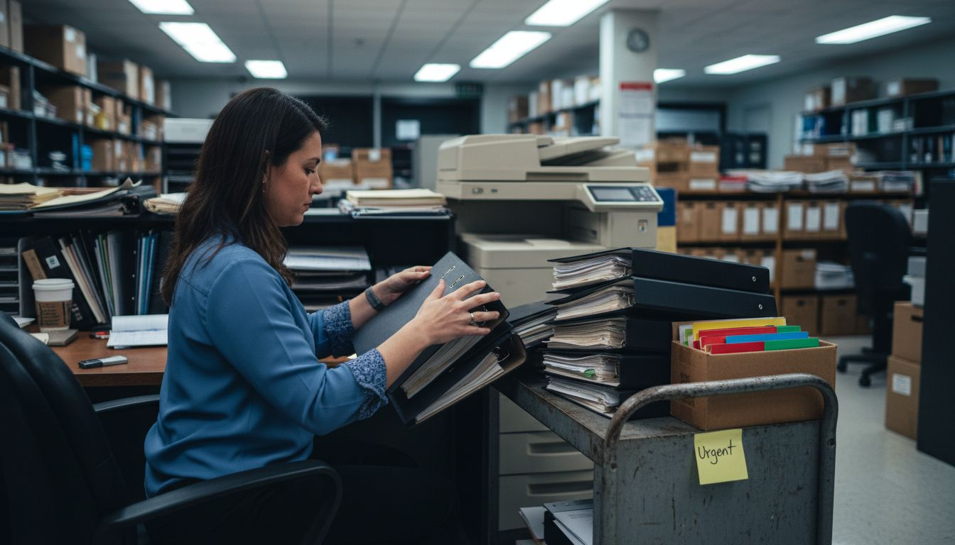 Paralegal organizes evidence binders for litigation