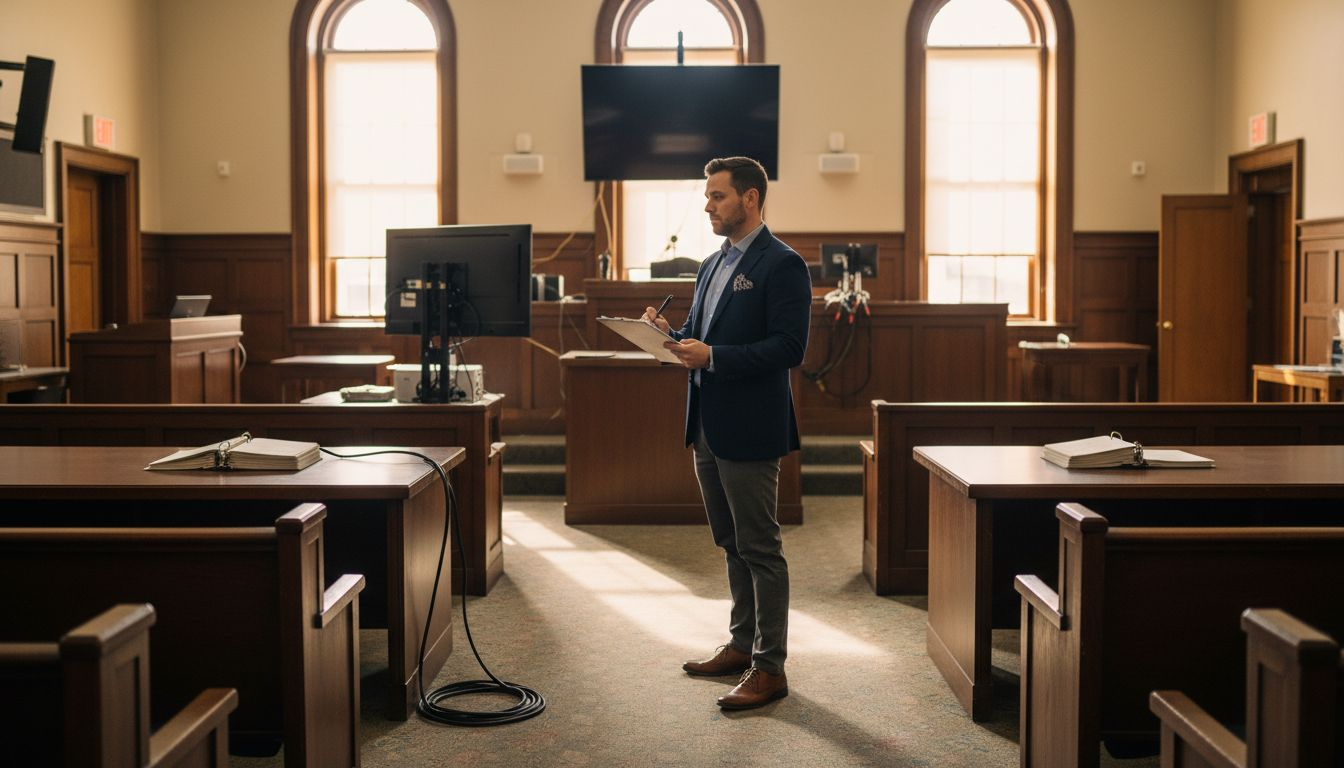 Trial tech conducting courtroom setup walkthrough