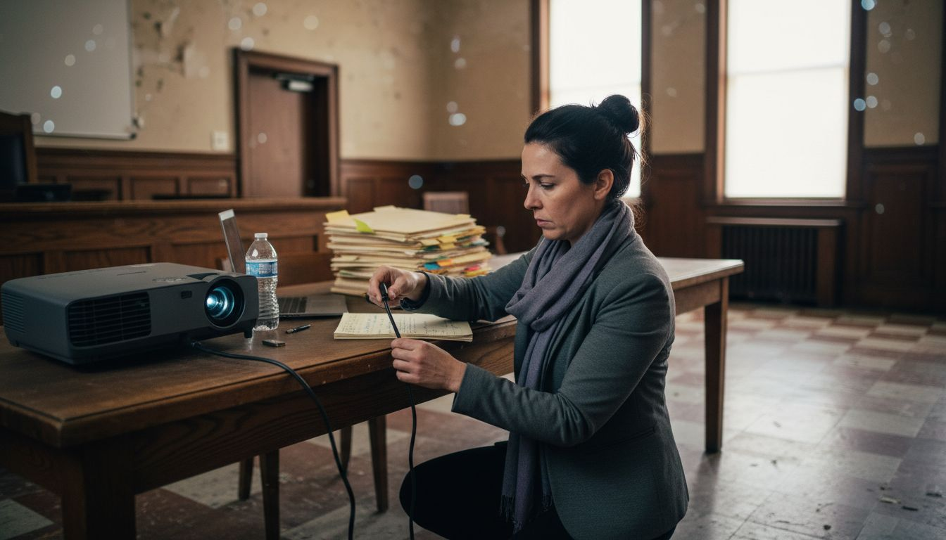 Attorney testing equipment setup in courtroom