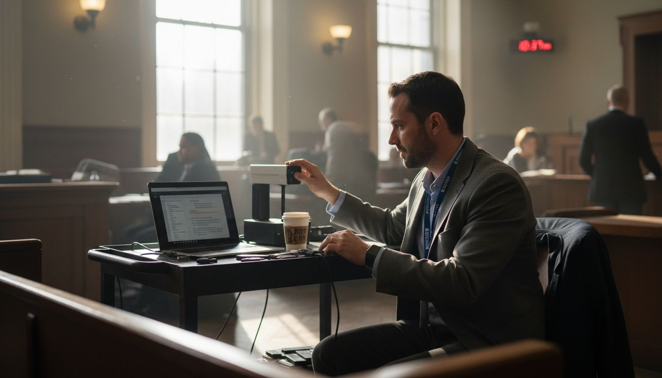 Technician preparing courtroom evidence presentation