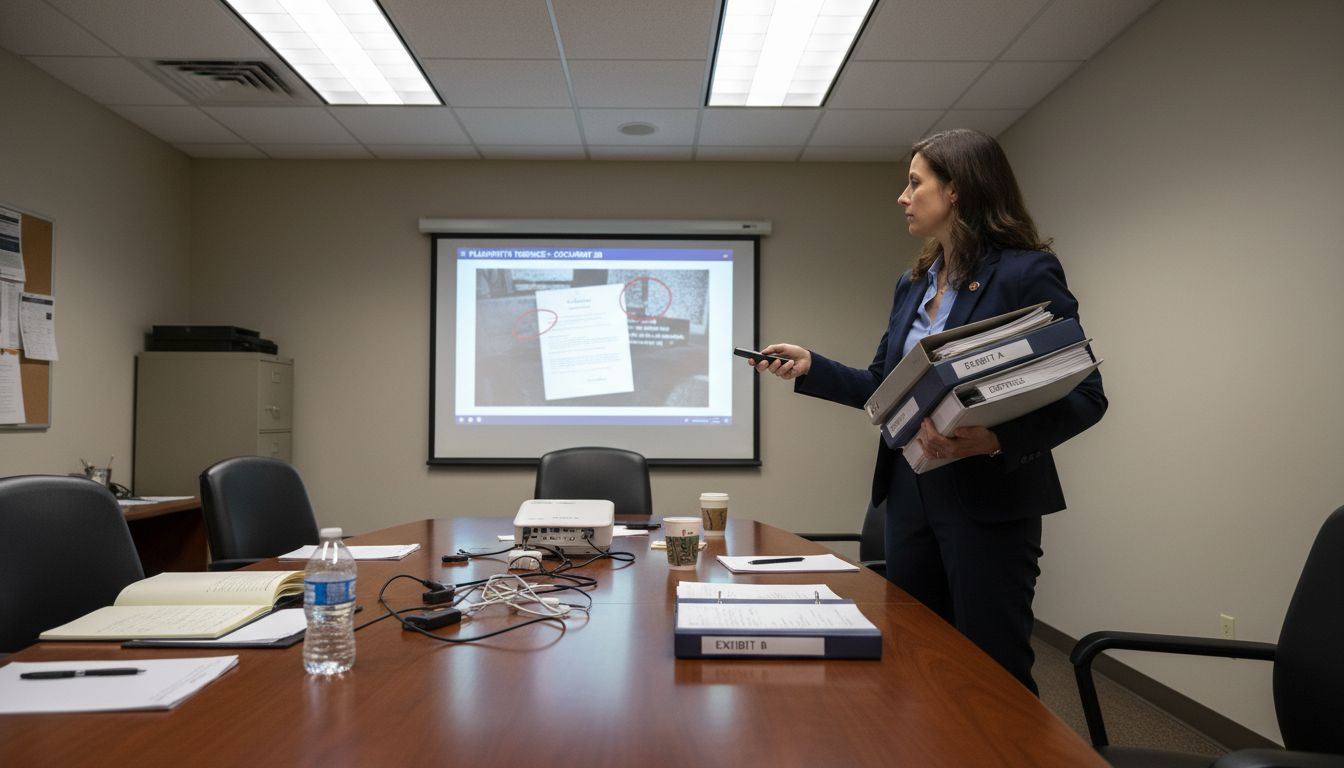 Technician organizing visual trial evidence