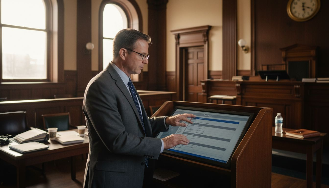 Attorney using courtroom technology at podium
