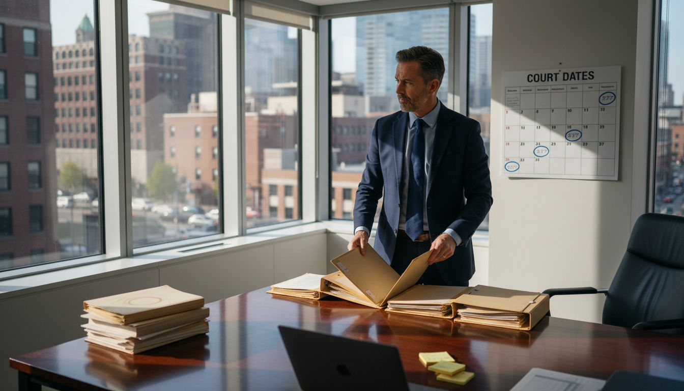 Attorney organizing trial preparation folders