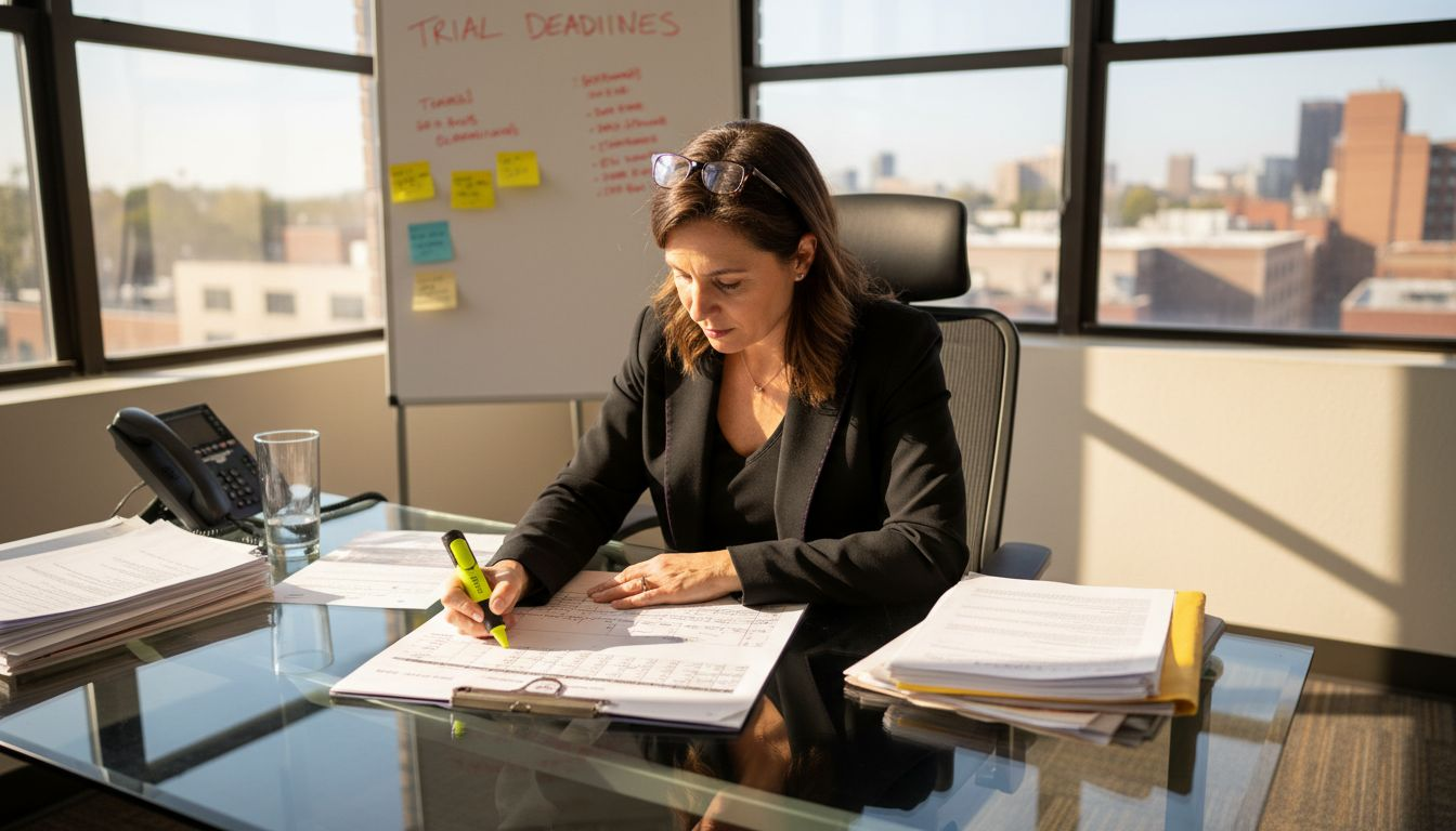 Attorney highlighting trial timeline dates at desk