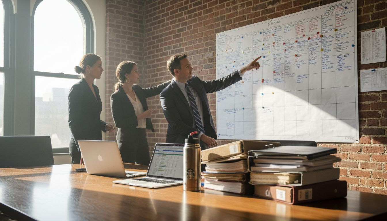 Legal team reviews complex scheduling board