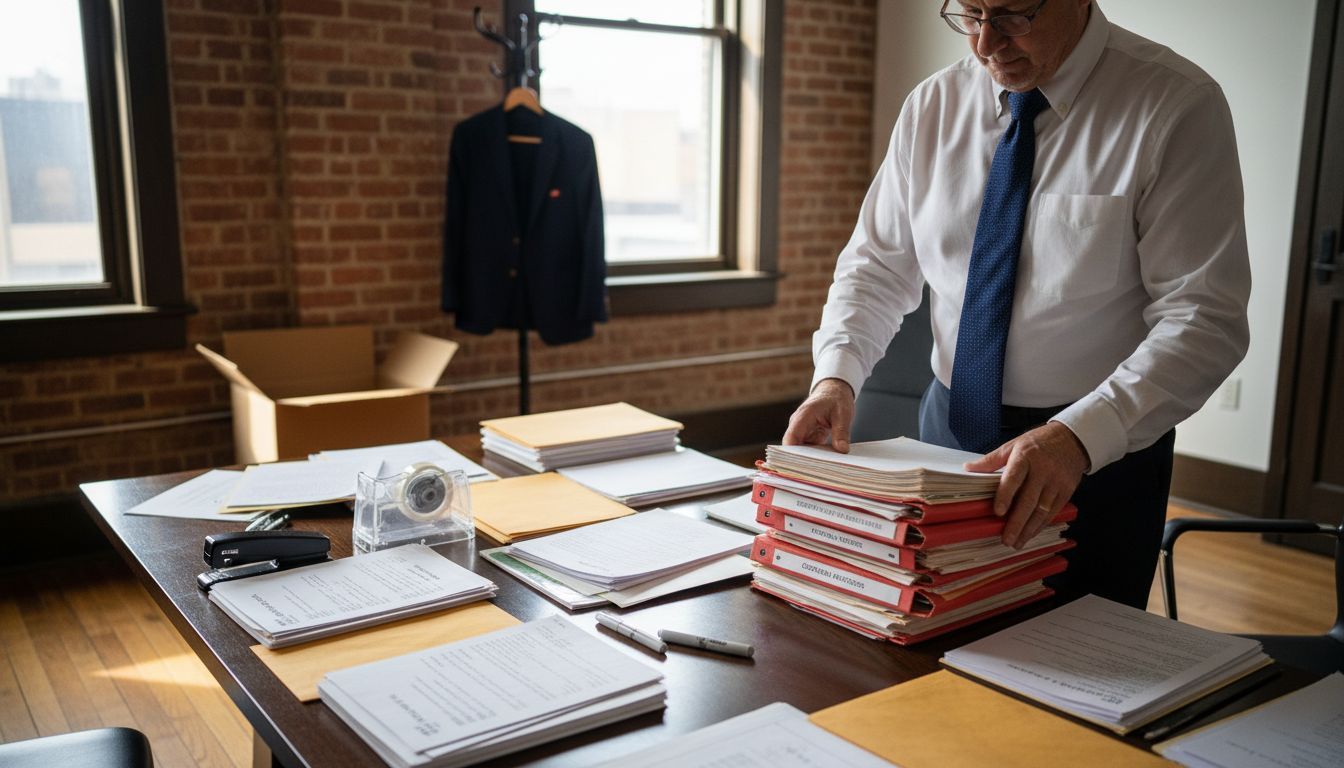 Paralegal organizing labeled trial exhibits