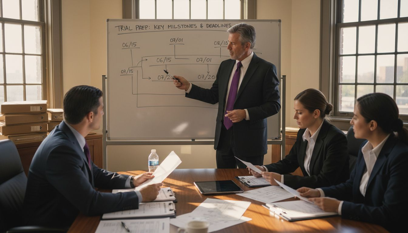 Attorney leading trial logistics planning meeting