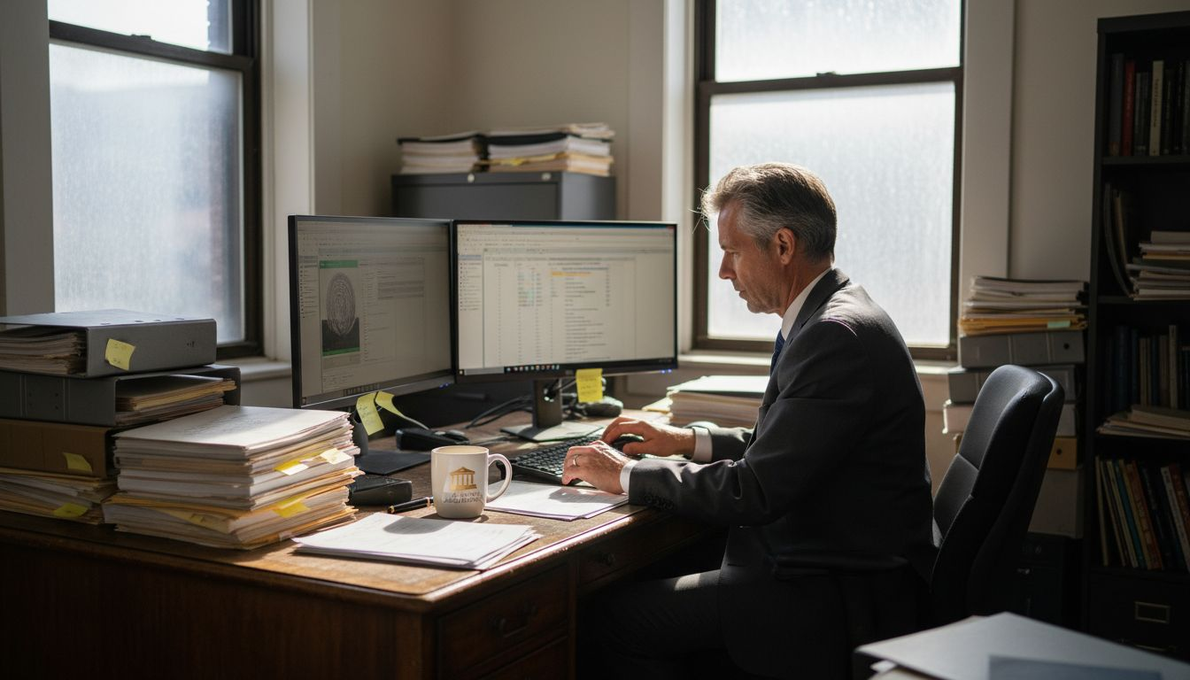 Trial lawyer organizing evidence with technology