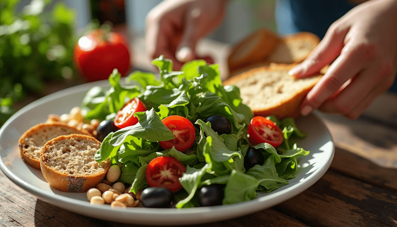 Mediterranean meal with fresh vegetables and bread