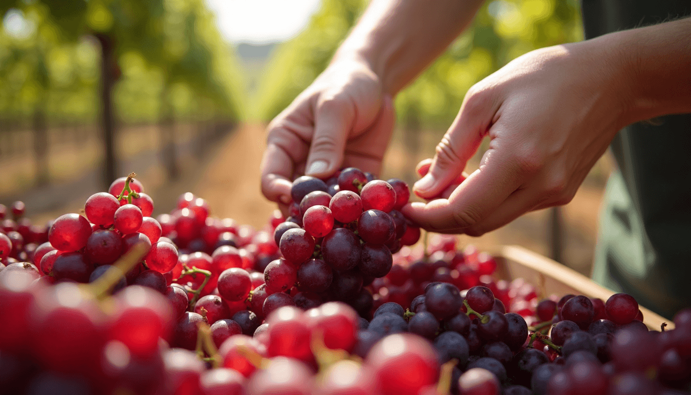 Hands holding grapes and berries in vineyard sunlight