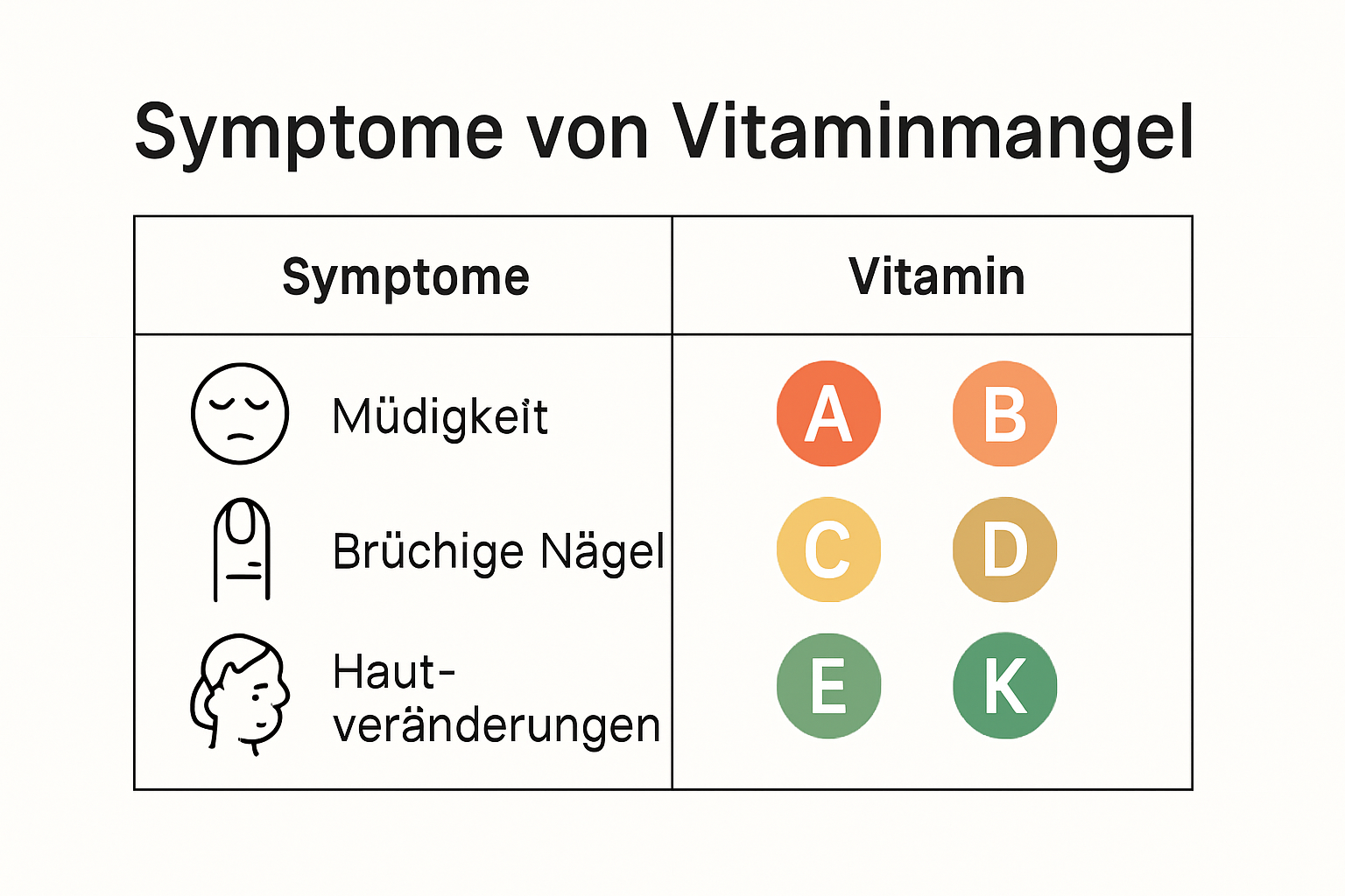 Infografik: Symptome und zugehörige Vitamine bei Mangel
