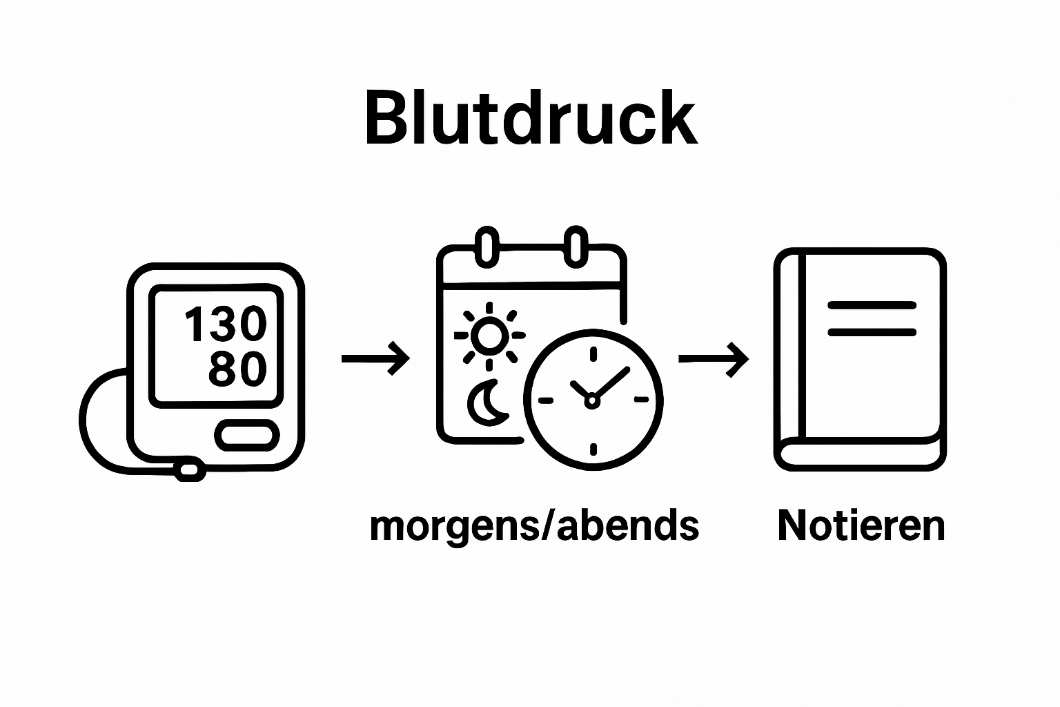 Infographic showing steps zur Blutdruckselbstmessung: Gerät vorbereiten, Zeit wählen, Werte notieren.