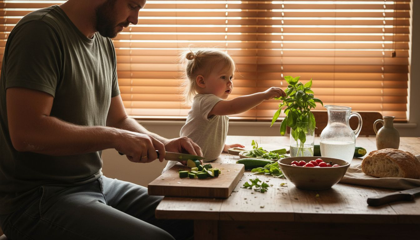 Gemeinsam schnippeln Vater und Tochter frisches Gemüse für das Abendessen.