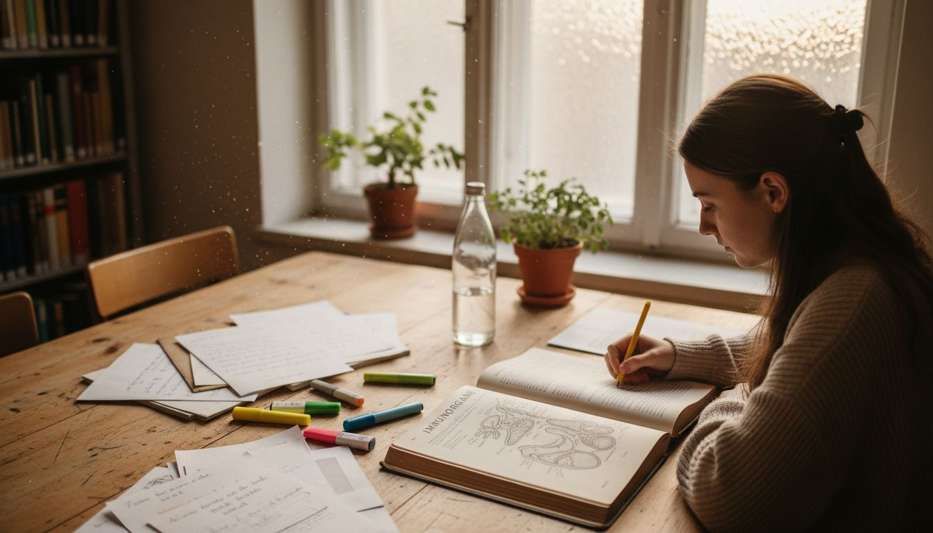 Eine Studentin beschäftigt sich intensiv mit Schaubildern zu den Organen des Immunsystems.