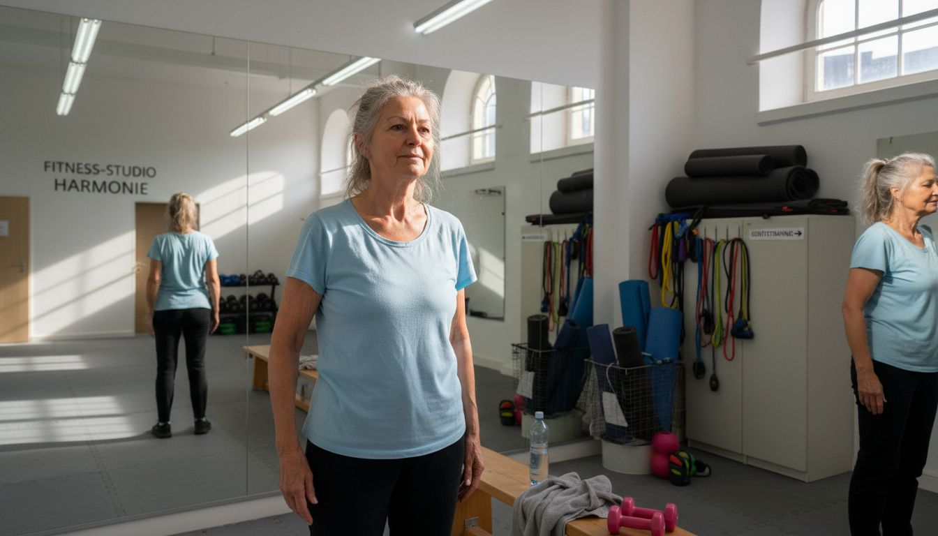 Eine ältere Dame trainiert im Fitnessstudio.