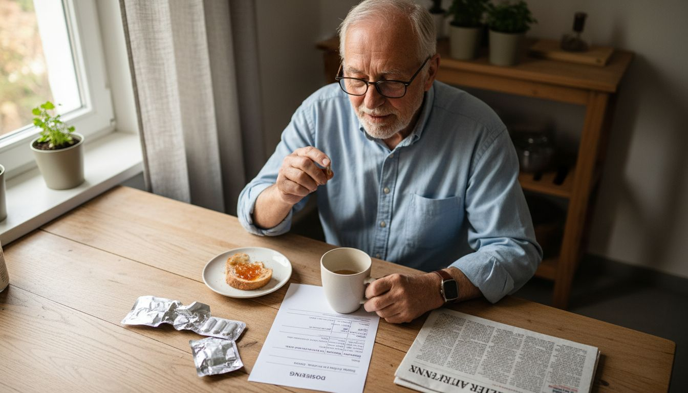Ein Senior überprüft morgens beim Frühstück seine Spermidin-Dosierung.