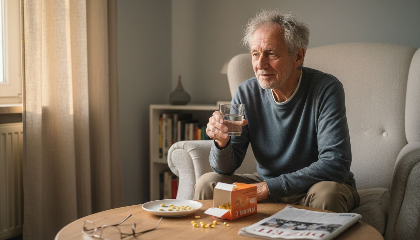Ein älterer Herr nimmt seine Vitamintabletten ganz entspannt im Wohnzimmer ein.