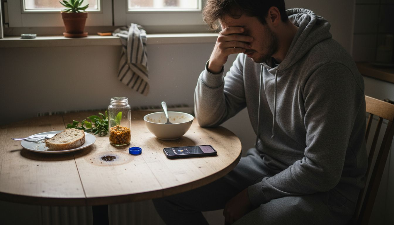 Ein müder Mann sitzt am Frühstückstisch und greift nach seinen Vitamintabletten.