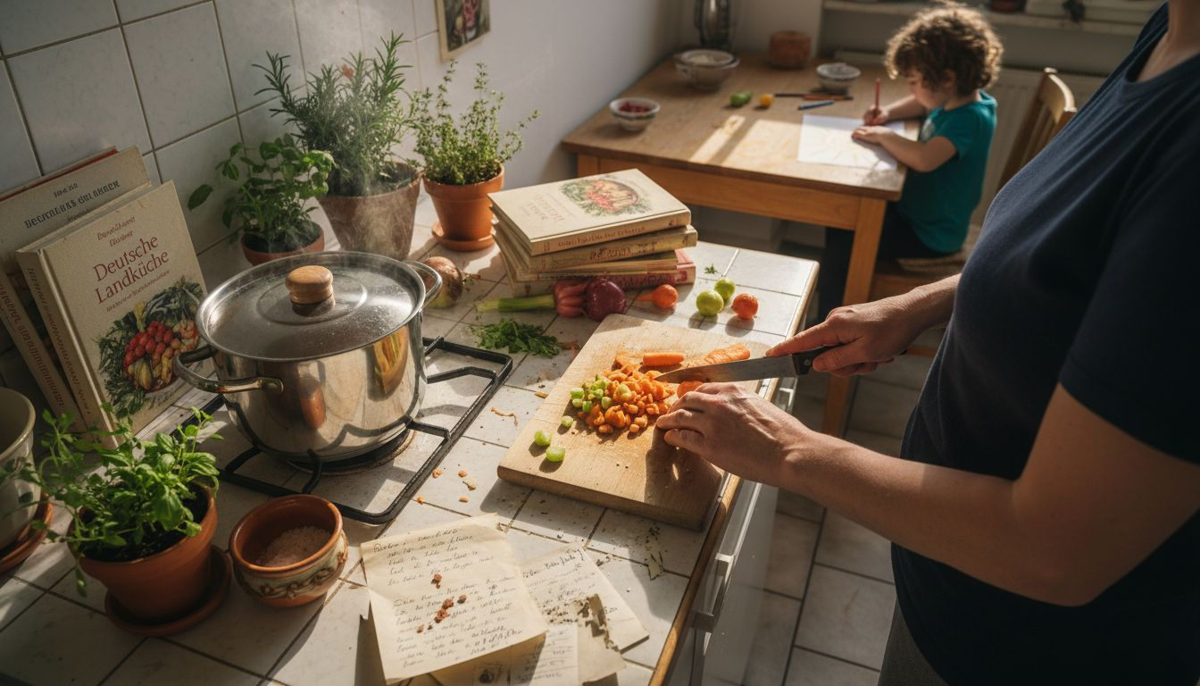 Eine Mutter bereitet frisches Wintergemüse für das Familienessen vor.