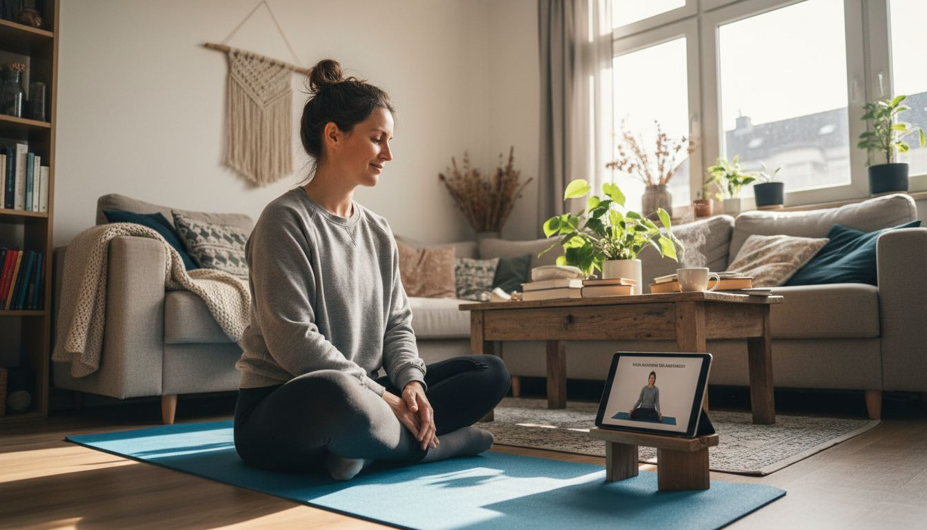 Eine Frau macht ihre Yoga-Übungen ganz entspannt zuhause.