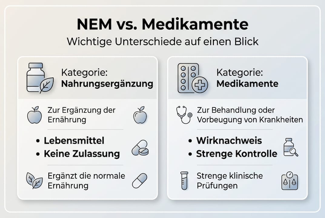 Diese Infografik veranschaulicht die wichtigsten Unterschiede zwischen Nahrungsergänzungsmitteln und Arzneimitteln.