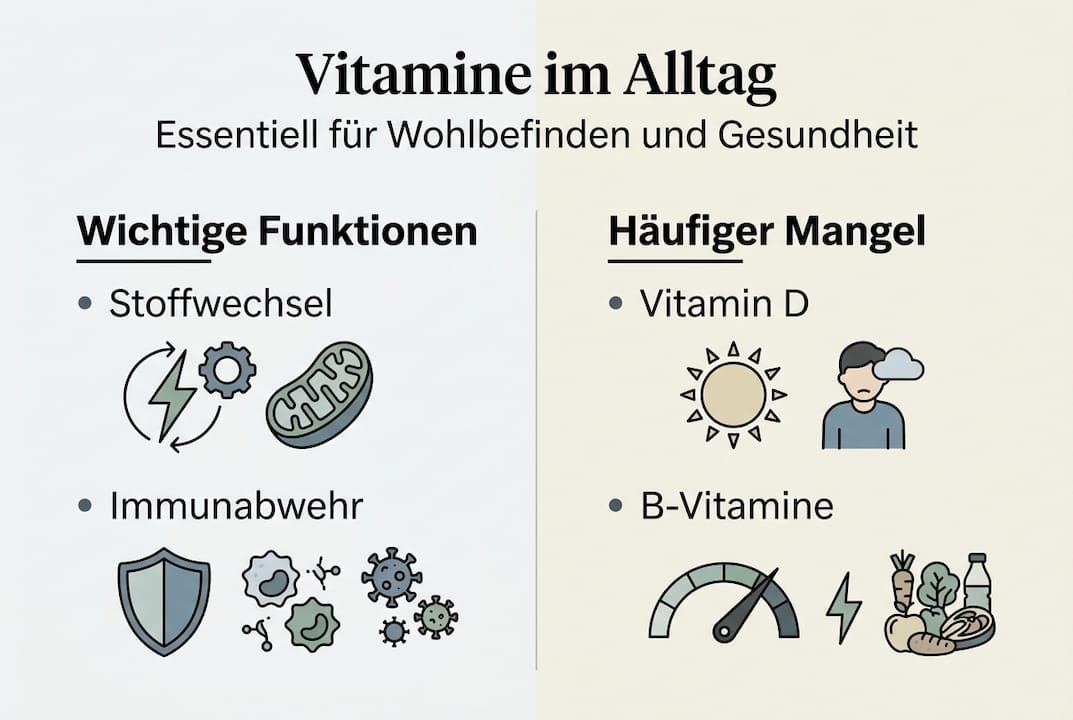 Übersichtsgrafik: Vitamine – Aufgaben im Körper und Folgen bei Mangel