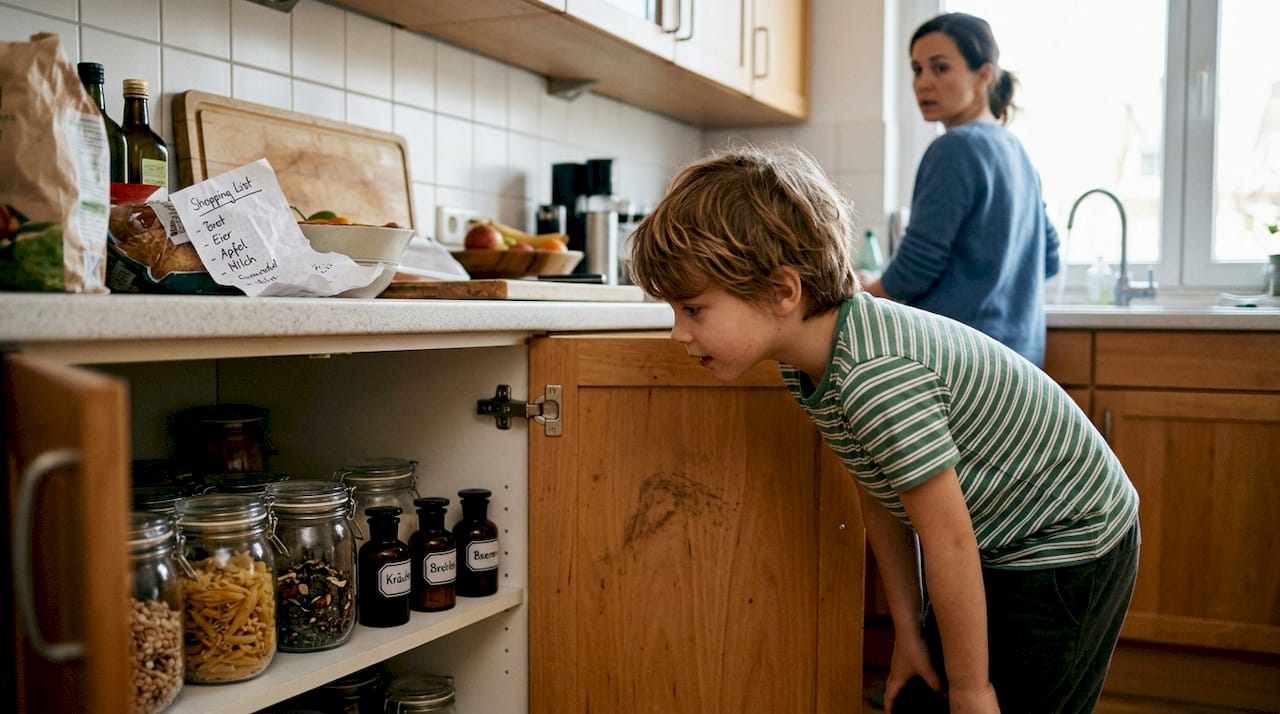 Ein Kind macht den Küchenschrank auf und entdeckt darin verschiedene Nahrungsergänzungsmittel.