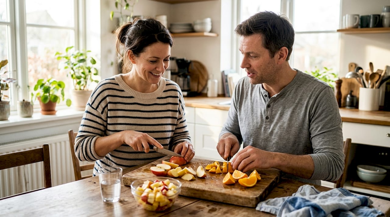 Ein Paar schneidet gemeinsam frisches Obst in der Küche auf.