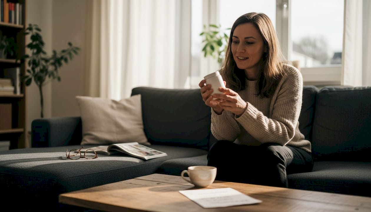 Eine Frau schaut sich in ihrem gemütlichen Zuhause aufmerksam eine Dose Nahrungsergänzungsmittel an.
