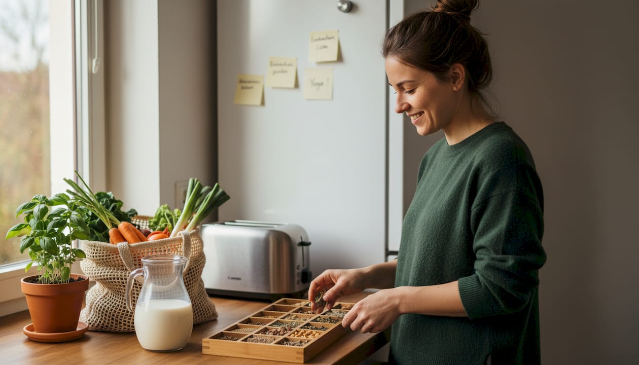 Eine vegan lebende Frau sortiert ihre Nahrungsergänzungsmittel in der Küche.