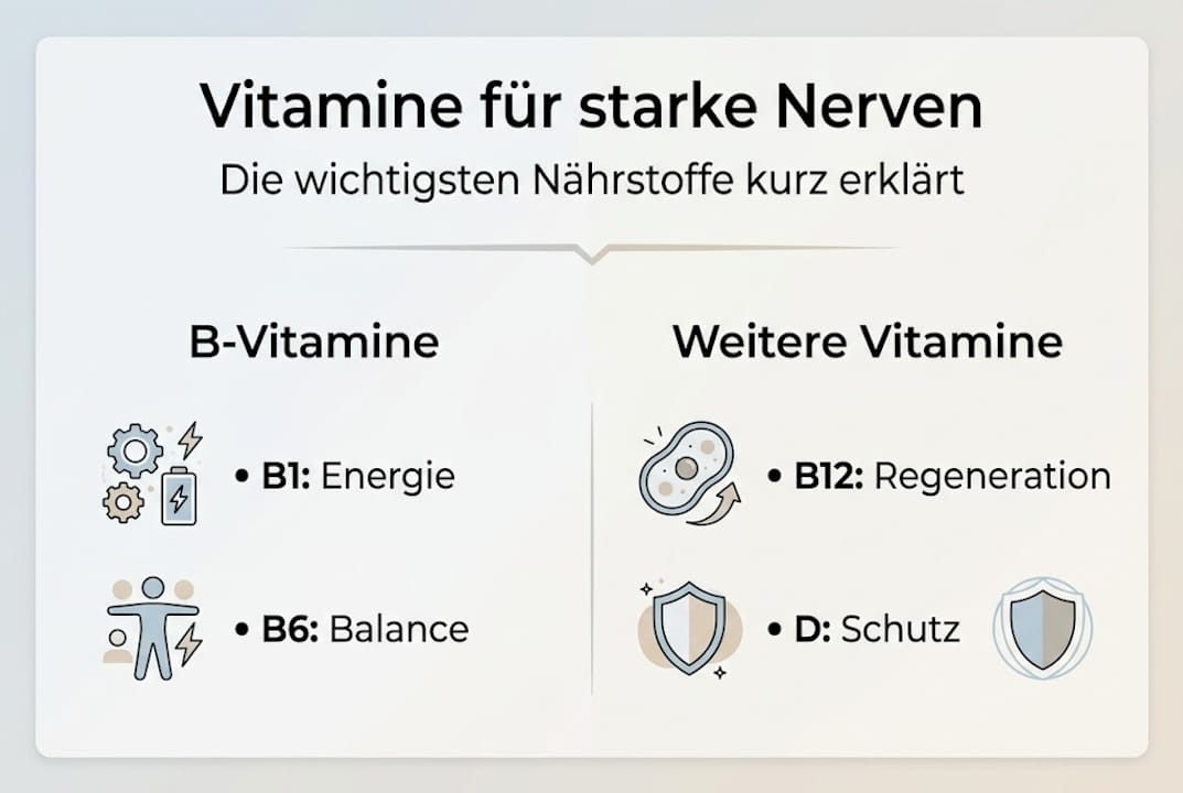 Diese Infografik stellt die wichtigsten Vitamine für starke Nerven übersichtlich dar.