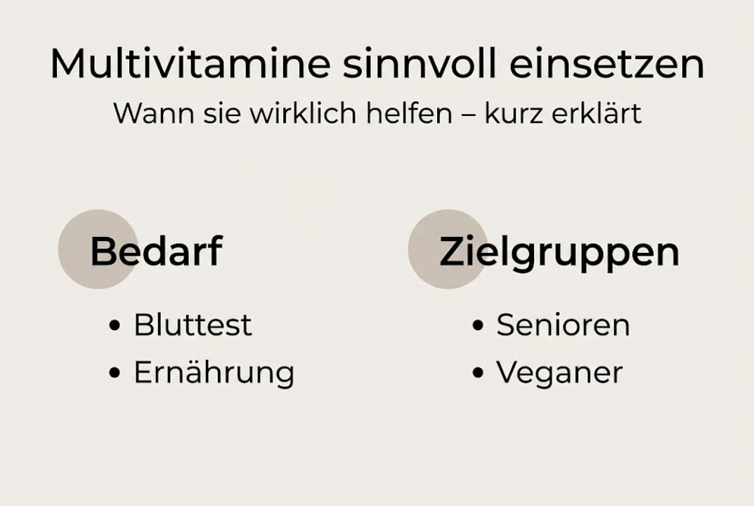 Infografik: Multivitamine – Anwendung, Zielgruppen und individueller Bedarf