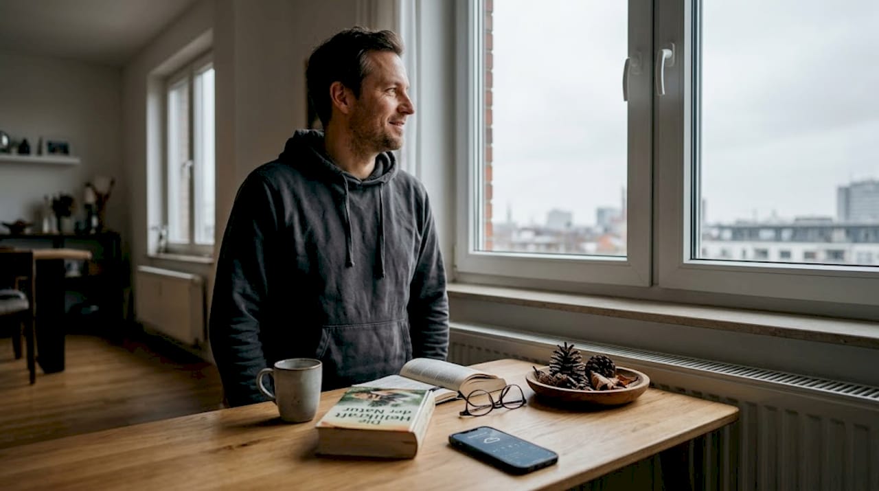 Ein Mann nimmt am Fenster sein Vitamin-D-Präparat ein.