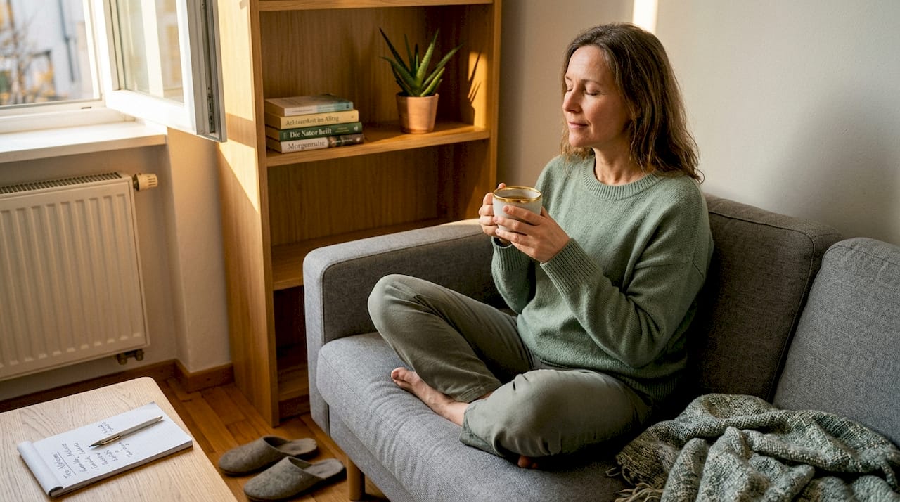 Eine Frau genießt ihren Tee und startet entspannt in den Tag – ein kleines Morgenritual, das für Ruhe und Wohlbefinden sorgt.