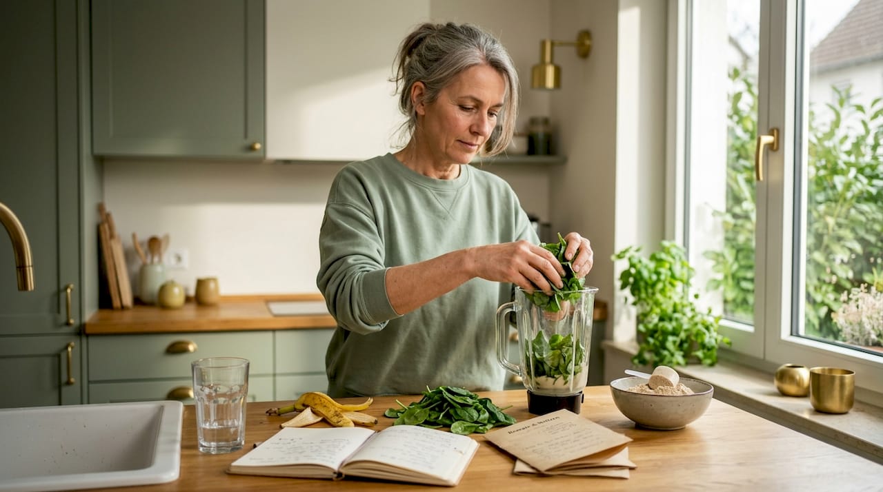 Eine ältere Dame bereitet in ihrer heimischen Küche einen Proteinshake zu.