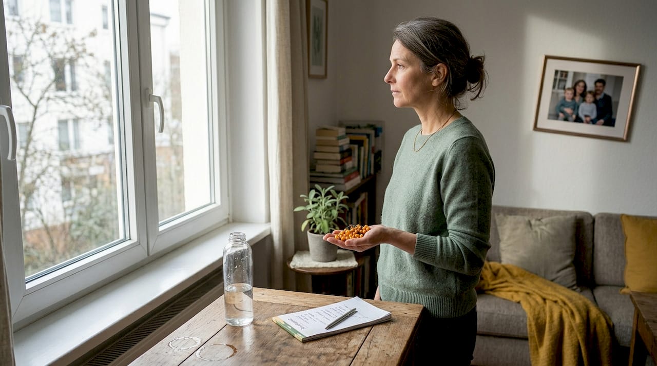 Eine ältere Dame steht am Fenster und nimmt ihr Nahrungsergänzungsmittel ein.