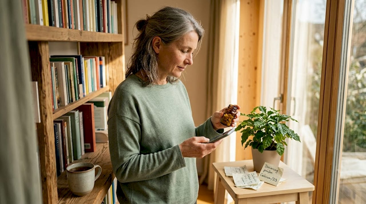Eine Frau möchte mehr über ihren täglichen Calciumbedarf erfahren und recherchiert dazu verschiedene Informationsquellen.