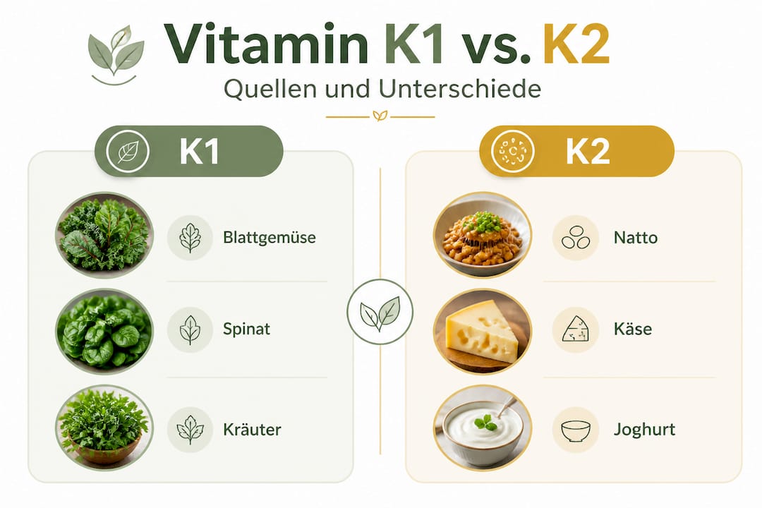 Grafik: Unterschiede und Gemeinsamkeiten von Vitamin K1 und K2 im Überblick