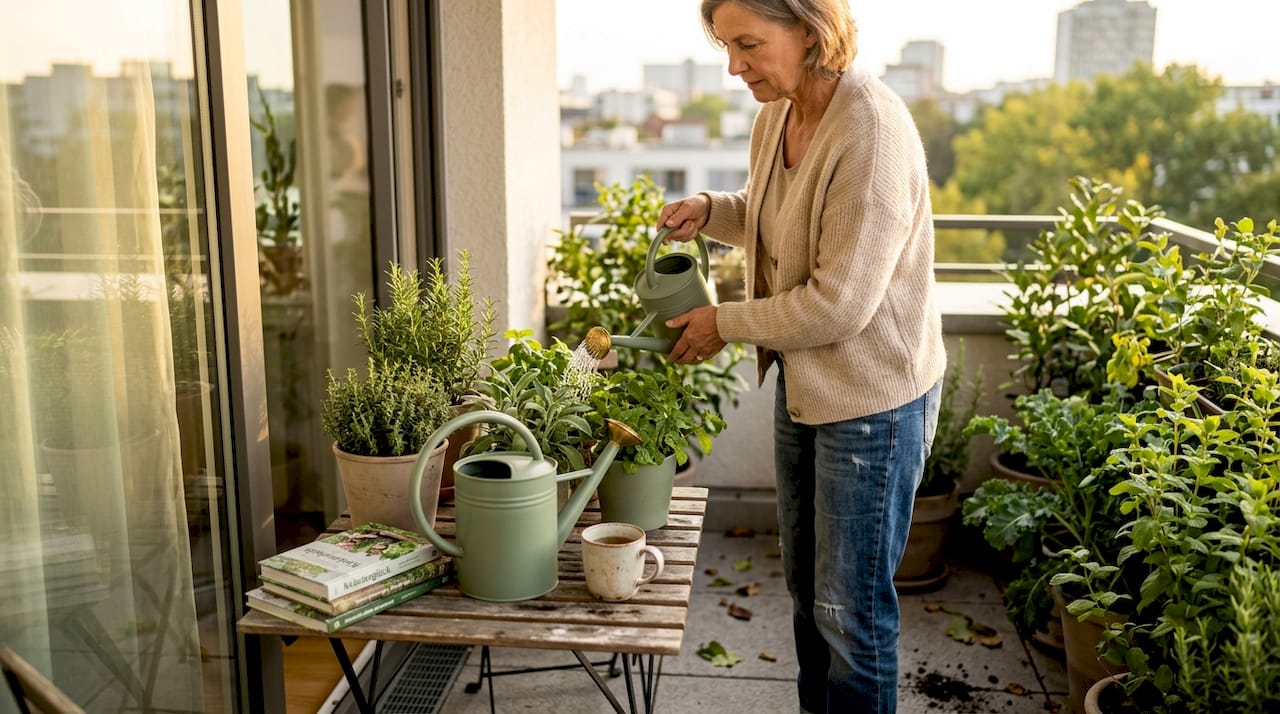Eine Frau pflegt ihre Kräuter auf dem Balkon und genießt dabei eine Tasse Tee.