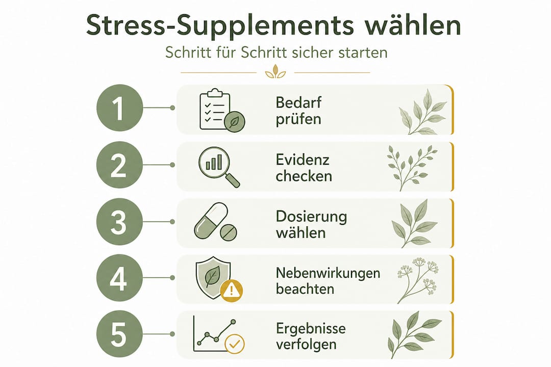 Die Infografik veranschaulicht, wie man das passende Stress-Supplement auswählt.