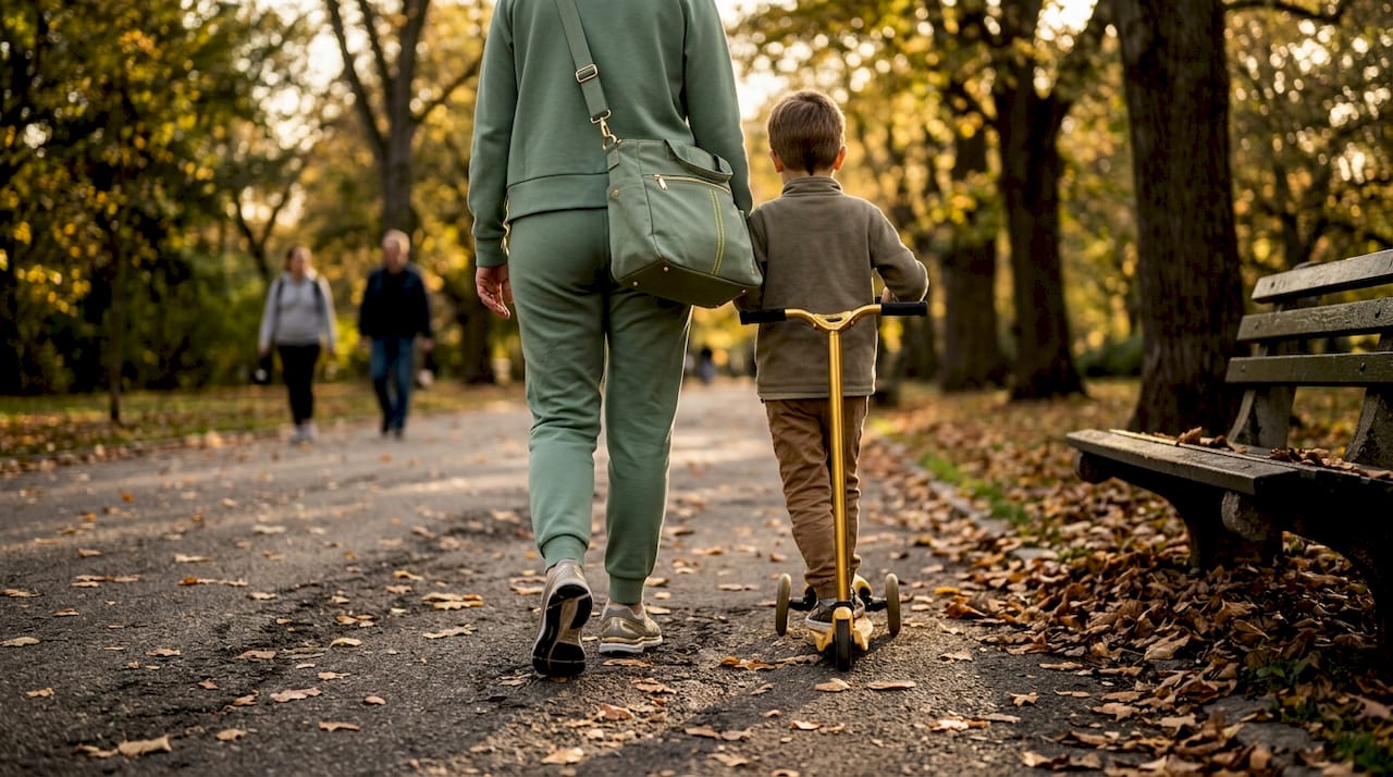 Eine Mutter spaziert mit ihrem Kind durch den Stadtpark.